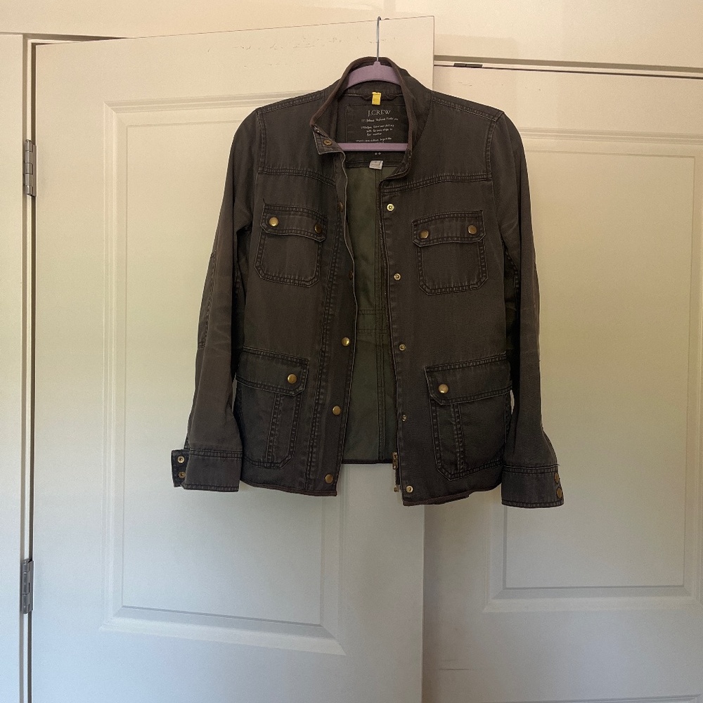 J Crew Green Cotton Twill Utility Jacket Women Small Snap Button Cargo Denim - Picture 2 of 7